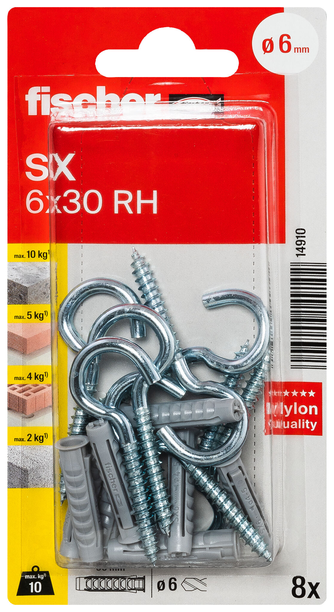 Packaging: "fischer Expansion plug SX 6 x 30 RH with round hook"
