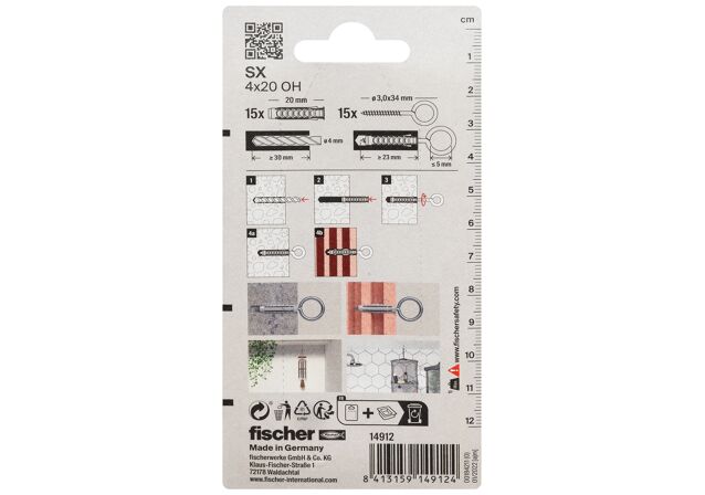 Packaging: "fischer Bucha de expansão SX 4 x 20 com gancho para os olhos"