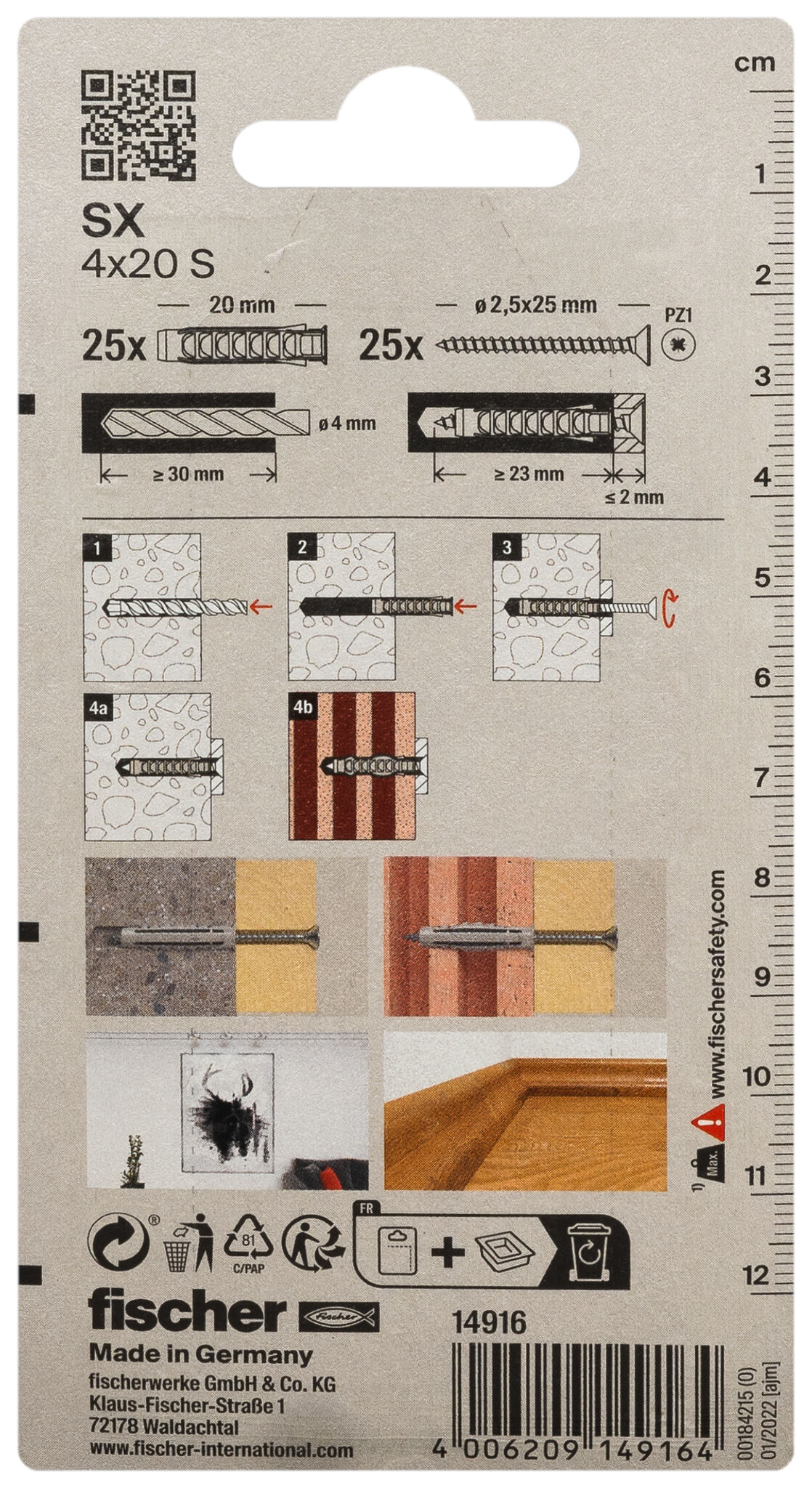 Packaging: "fischer Expansion plug SX 4 x 20 S with screw"