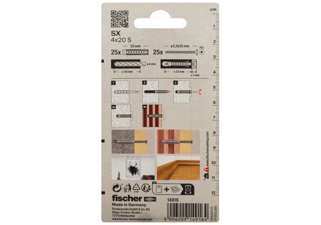 Packaging: "fischer Dybel SX 4 x 20 S med skruer, SB-kort"