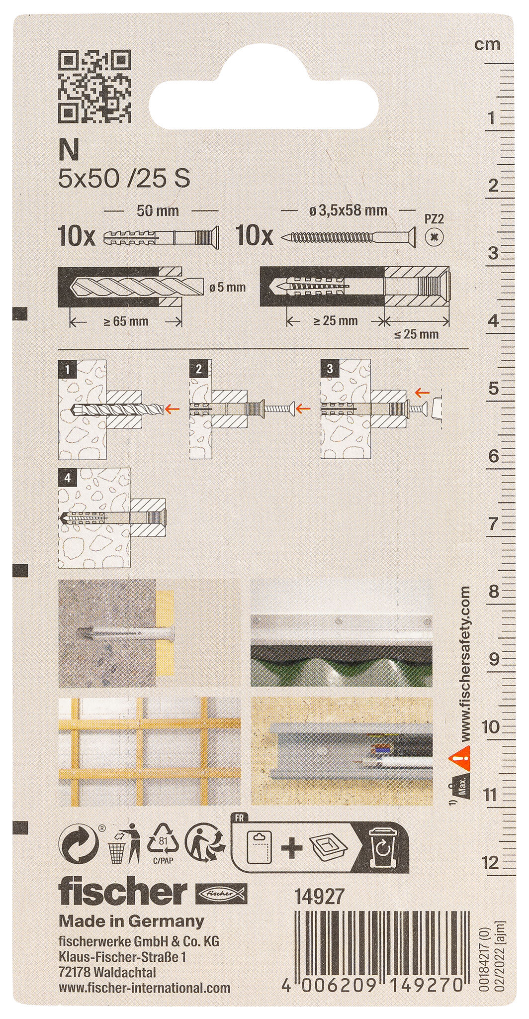 Packaging: "fischer Hammerfix N 5 x 50/25 S with countersunk head gvz SB-card"