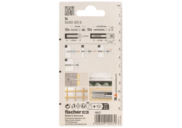 Packaging: "Гвоздевой дюбель fischer с потайным бортиком N 5 x 50/25 S с оцинкованным гвоздем"