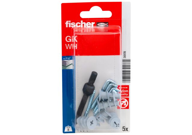 Packaging: "fischer gipszkarton dübel GK WH K körkampóval bliszter kártya"