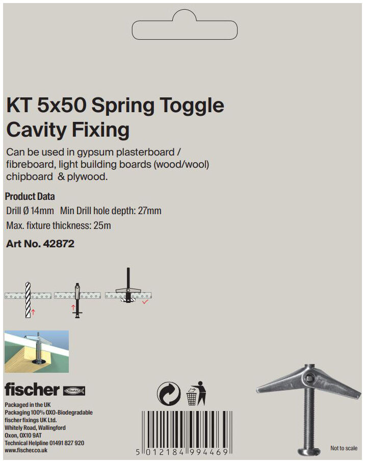 Packaging: "fischer Spring Toggle Fixing - 5 x 50 Pack of 20"
