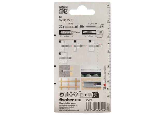 Packaging: "Гвоздевой дюбель fischer с потайным бортиком N 5 x 30/5 S с оцинкованным гвоздем"