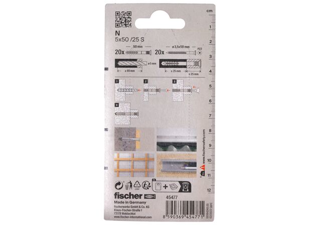 Packaging: "Гвоздевой дюбель fischer с потайным бортиком N 5 x 50/25 S с оцинкованным гвоздем"
