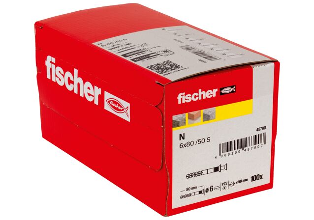 Packaging: "Гвоздевой дюбель fischer с потайным бортиком N 6 x 80/50 S с оцинкованным гвоздем"