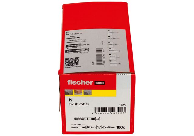 Packaging: "Гвоздевой дюбель fischer с потайным бортиком N 6 x 80/50 S с оцинкованным гвоздем"