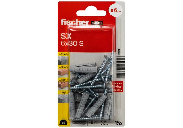 Packaging: "fischer Expansion plug SX 6 x 30 S with screw"