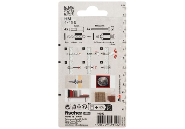 Packaging: "fischer Hulrumsmetaldybel HM 4 x 46 S med skrue SB-kort"