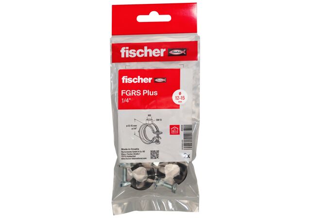 Packaging: "fischer Hinged pipe clamp FGRS Plus 1/4" B"