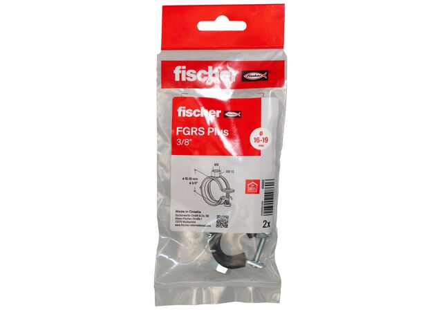 Packaging: "fischer Hinged pipe clamp FGRS Plus 3/8" B"