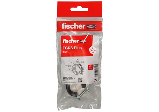 Packaging: "fischer Hinged pipe clamp FGRS Plus 1/2" B"