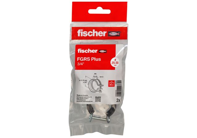 Packaging: "fischer Hinged pipe clamp FGRS Plus 3/4" B"