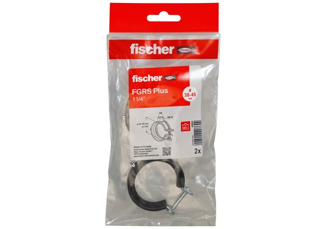 Packaging: "fischer Hinged pipe clamp FGRS Plus 1 1/4" B"