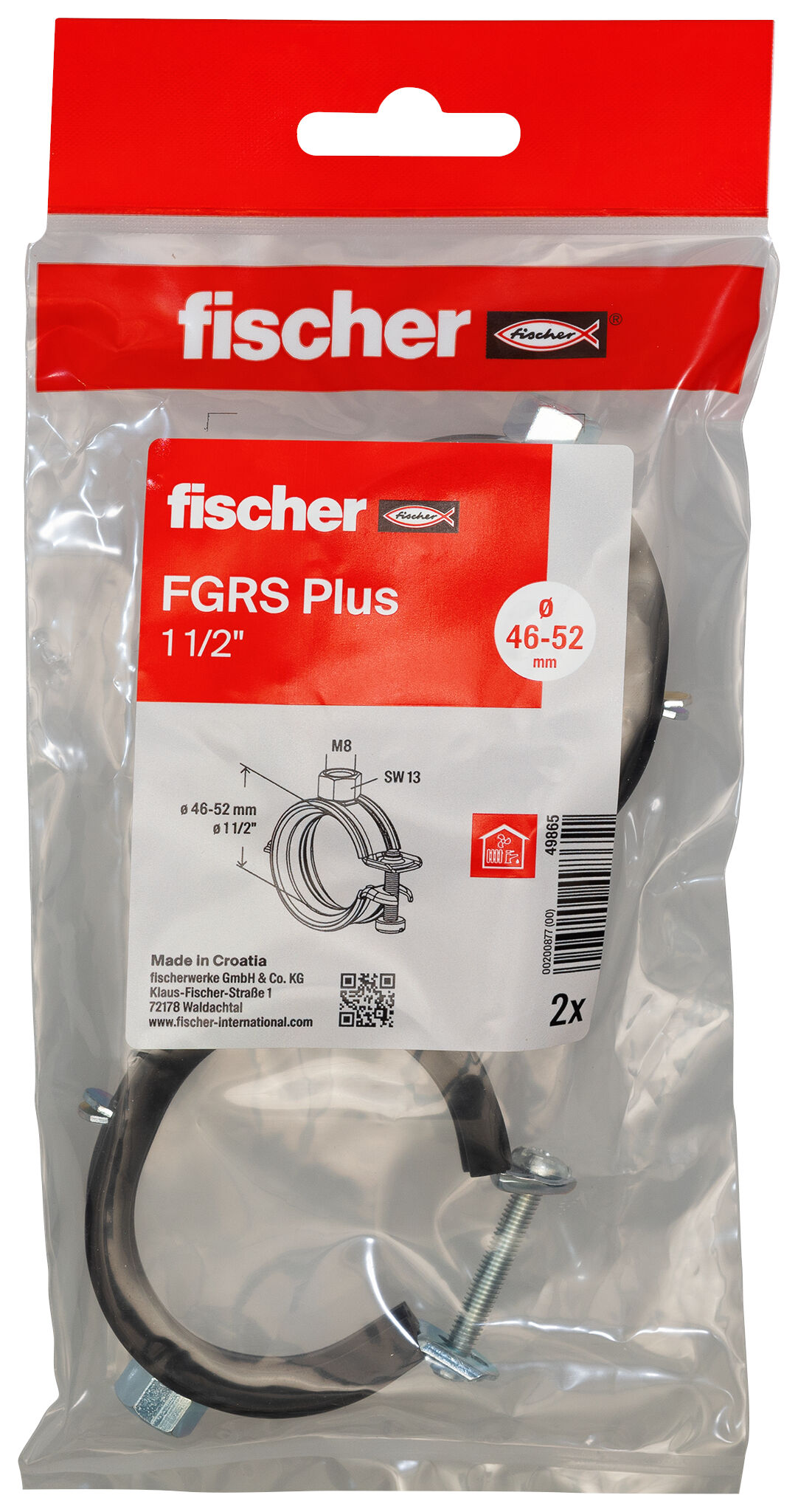 Packaging: "fischer Hinged pipe clamp FGRS Plus 1 1/2" B"