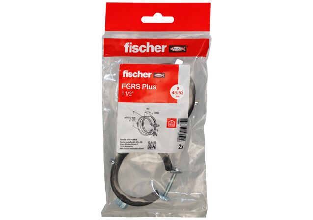 Packaging: "fischer Hinged pipe clamp FGRS Plus 1 1/2" B"