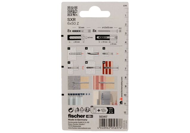 Packaging: "fischer Çerçeve dübeli SXR 6 x 50 Z havşa başlı ahşap vidalı K SB kart"