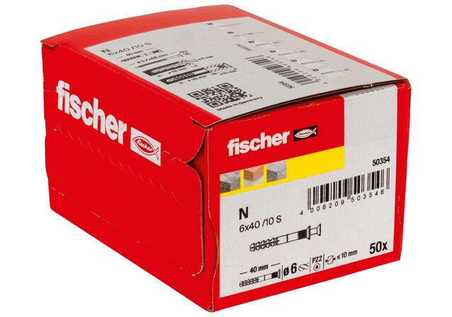 Packaging: "피셔 Hammerfix N 6 x 40/10 S 카운터성크(countersunk) 머리, 아연 도금, 종이 상자 포장"