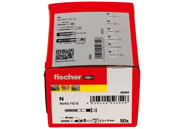 Packaging: "fischer Hammerfix N 6 x 40/10 S with countersunk head gvz carton"