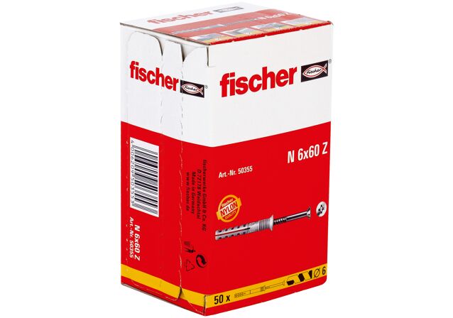 Packaging: "Гвоздевой дюбель fischer с потайным бортиком N 6 x 60/30 S с оцинкованным гвоздем, коробка"
