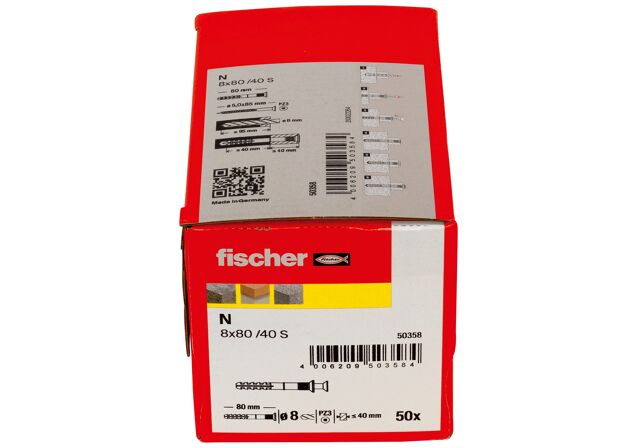 Packaging: "Гвоздевой дюбель fischer с потайным бортиком N 8 x 80/40 S с оцинкованным гвоздем, коробка"