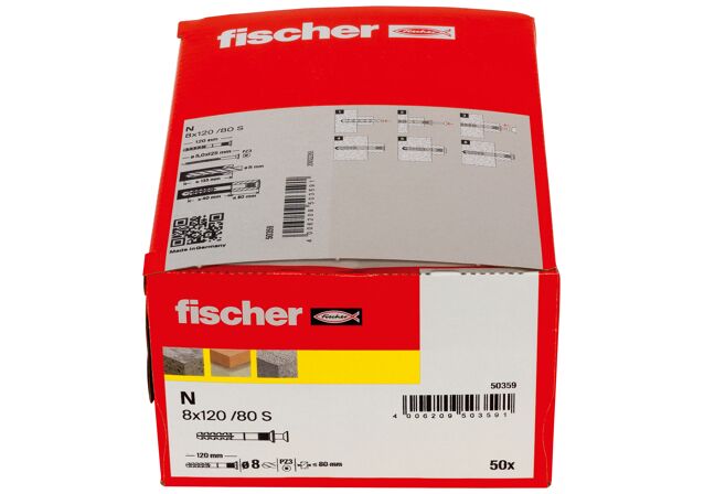 Packaging: "Гвоздевой дюбель fischer с потайным бортиком N 8 x 120/80 с оцинкованным гвоздем, коробка"
