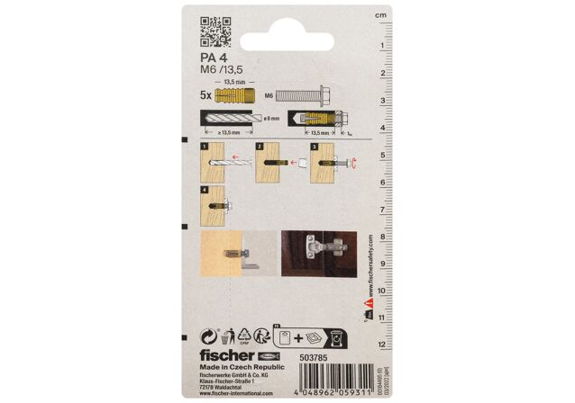 Packaging: "fischer Brass fixing PA 4 M6/13.5 K SB-card"