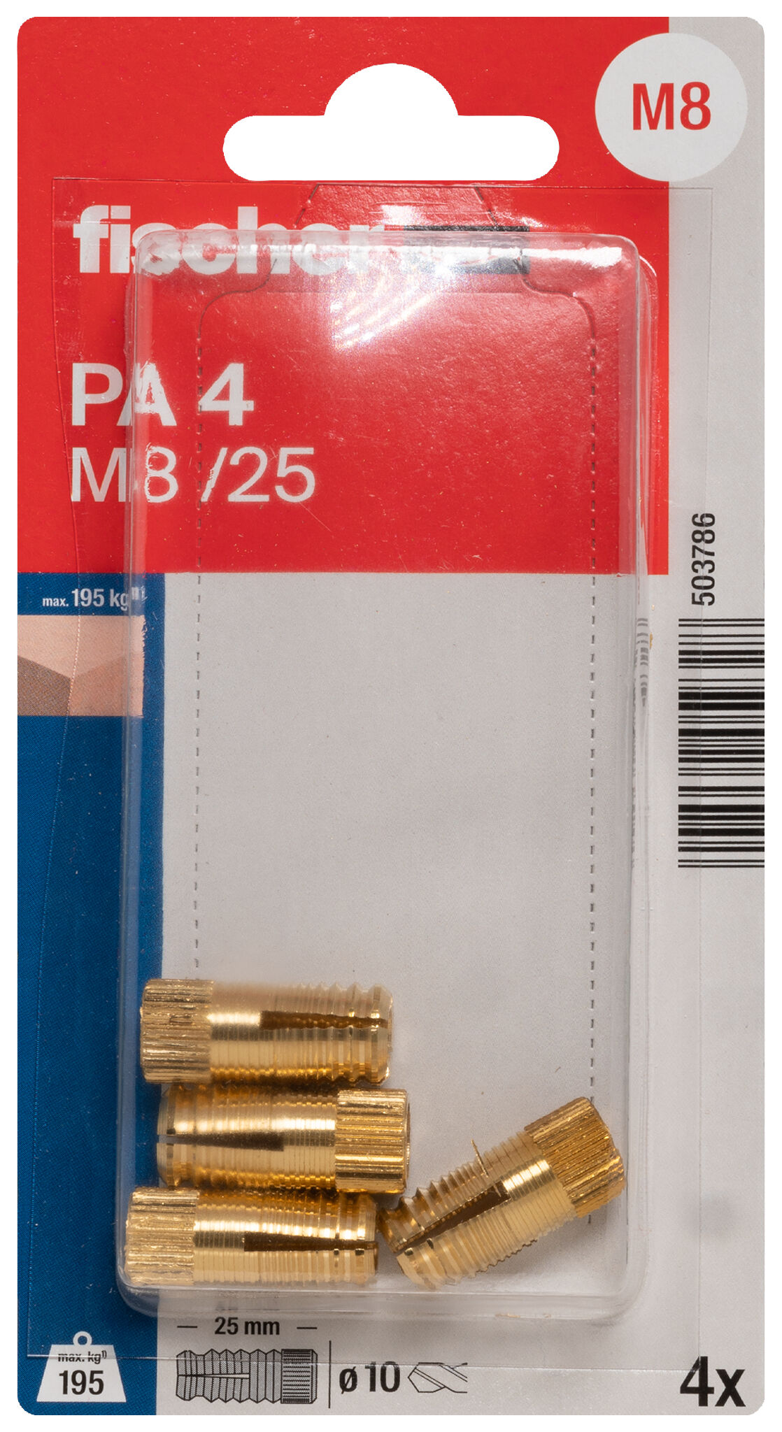 Packaging: "fischer Brass fixing PA 4 M8/25 K SB-card"