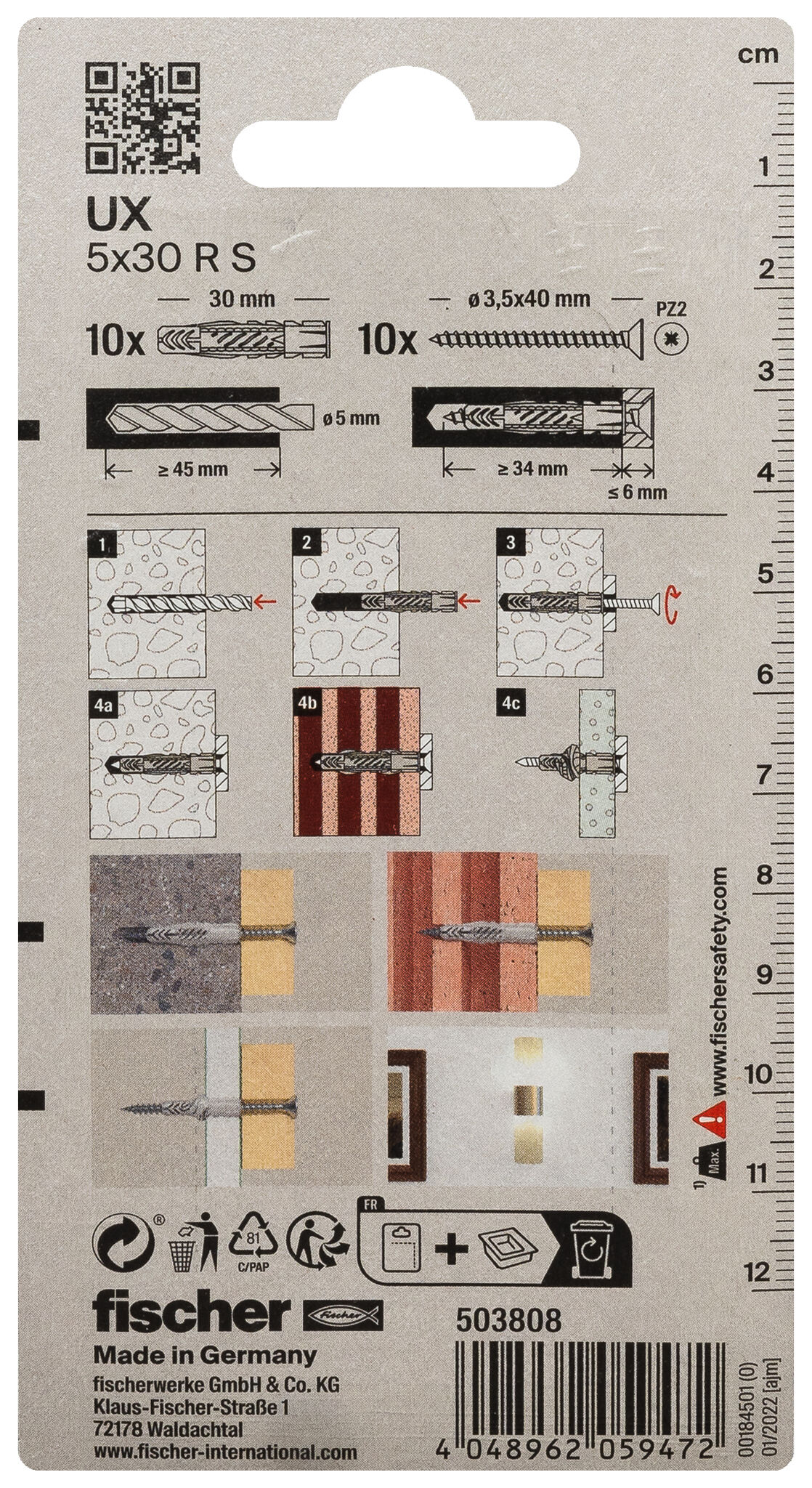 Packaging: "fischer Universal plug UX 5 x 30 R with rim and screw"