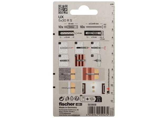 Packaging: "fischer Universal plug UX 5 x 30 R with rim and screw"