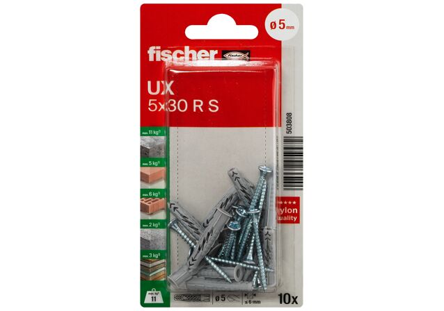 Packaging: "fischer Universal plug UX 5 x 30 R with rim and screw"