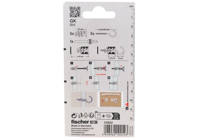 Packaging: "fischer Plasterboard fixing GK RH with round hook"