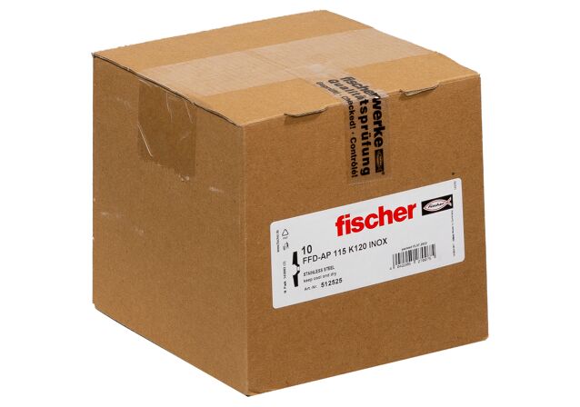 Verpackung: "fischer Lamellenschleifscheibe FFD-AP 115 K120 INOX"
