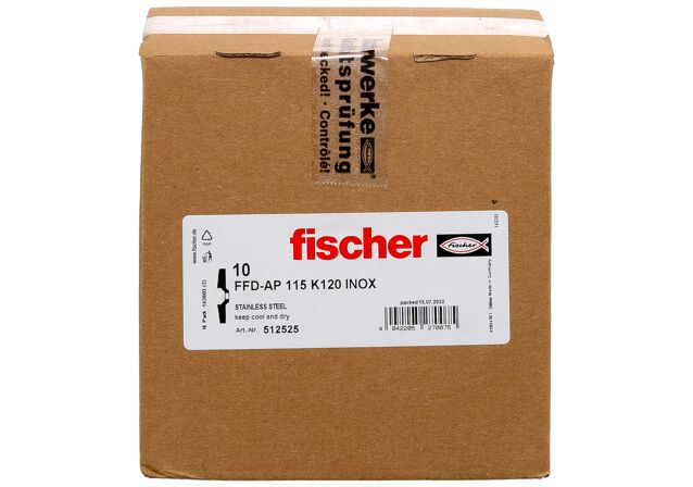 Verpackung: "fischer Lamellenschleifscheibe FFD-AP 115 K120 INOX"