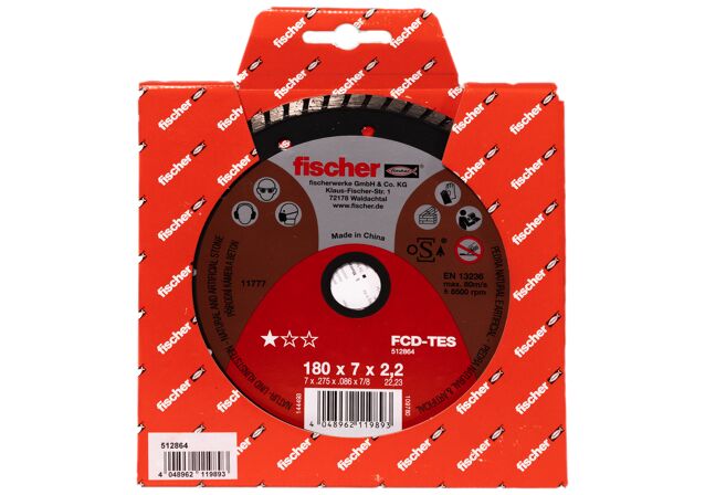 Packaging: "fischer cutting disc FCD-TES 180 x 2,2 x 22,23 DIA"