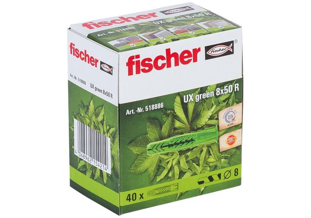 Packaging: "fischer Universaldybel UX Green 8 x 50 R med krave"