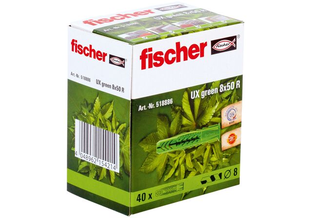 Packaging: "fischer Universal plug UX Green 8 x 50 R with rim"