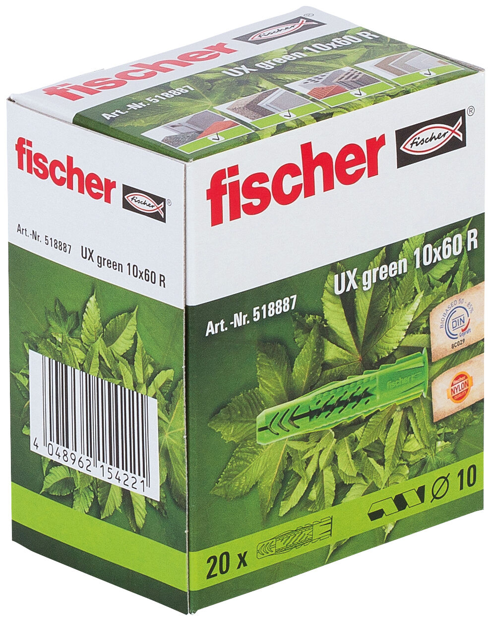 Packaging: "fischer Universal plug UX Green 10 x 60 R with rim"