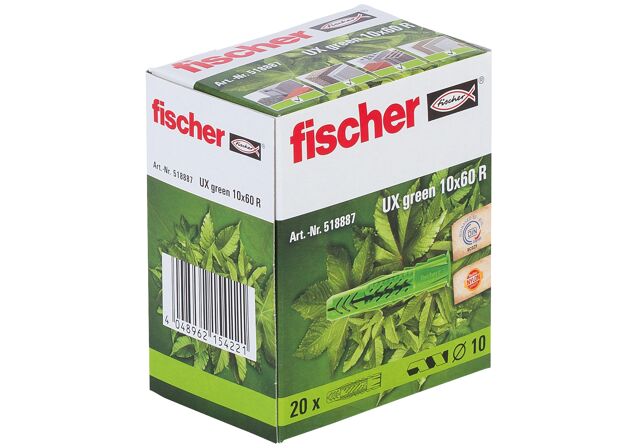Packaging: "fischer Universal plug UX Green 10 x 60 R with rim"