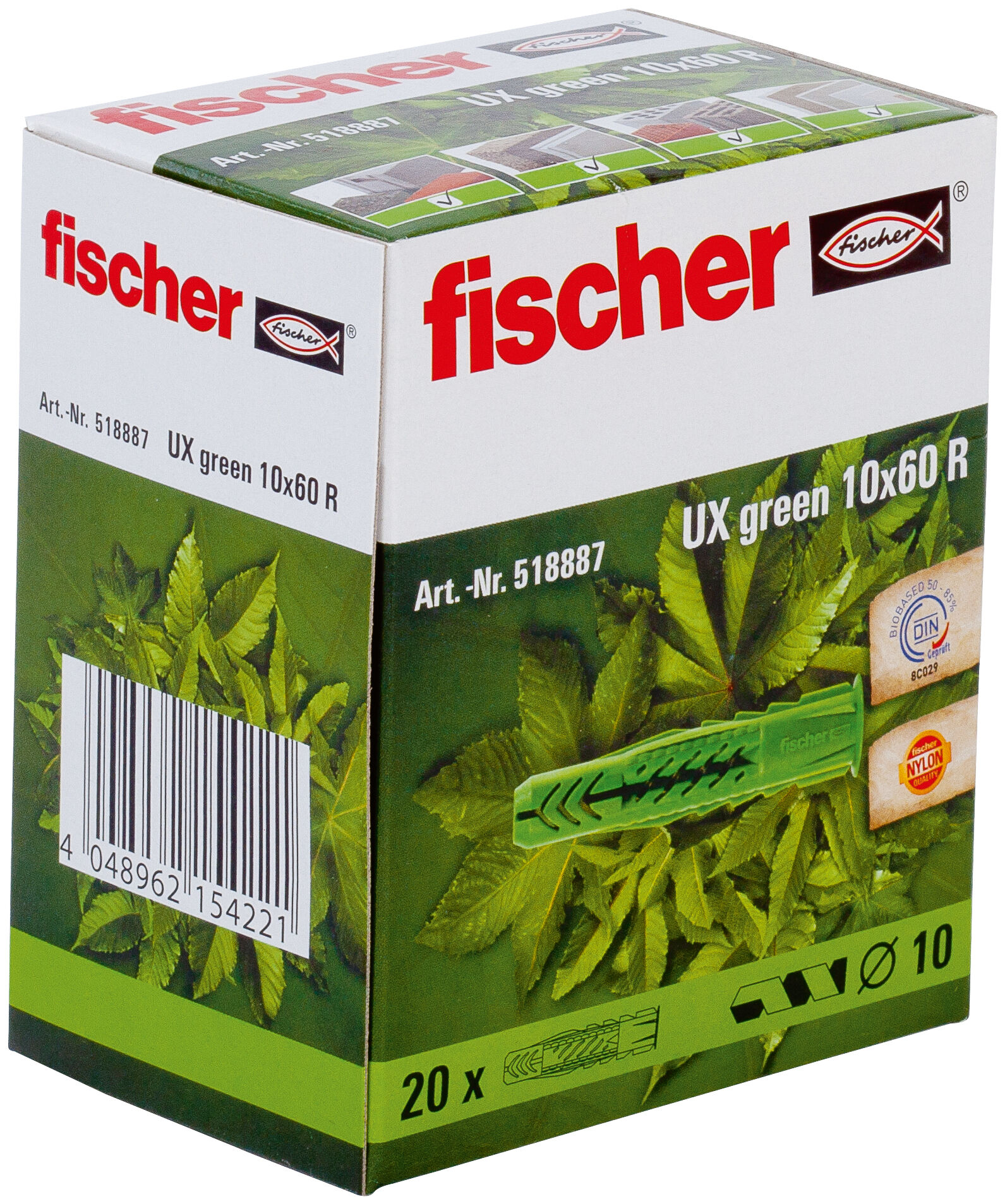 Packaging: "fischer Universal plug UX Green 10 x 60 R with rim"