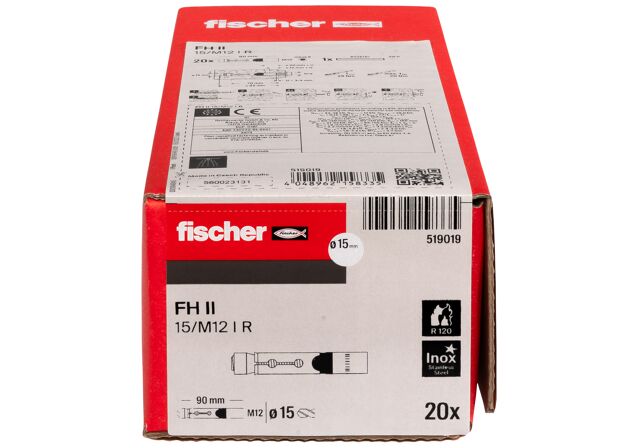 Packaging: "fischer Højtydende anker FH II 15/12 H med indvendig gevind rustfri stål R"