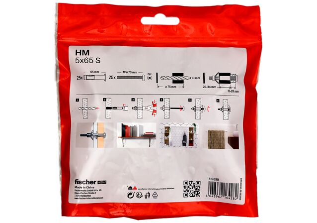 Packaging: "Cheville métallique pour corps creux HM-S 5 x 65 /25B avec vis métrique"