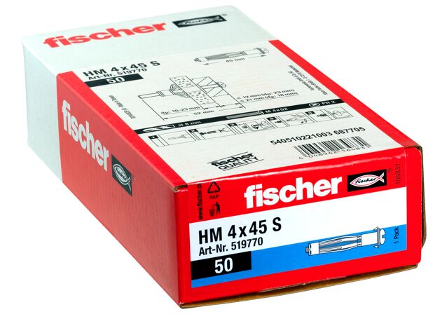 Packaging: "fischer Metallitulppa levyseiniin HM 4 x 45 S with metric screw"