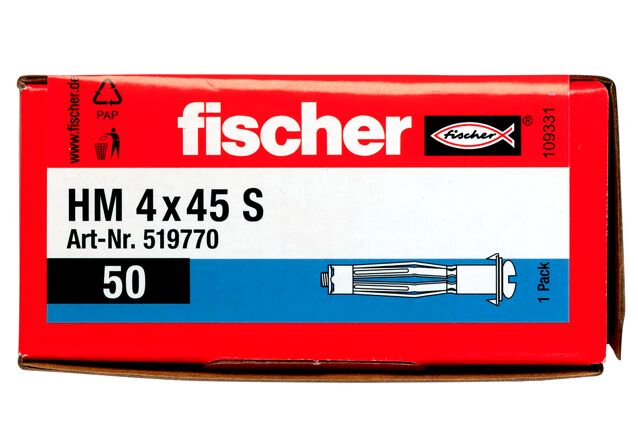 Emballasje: "fischer Gipsplateanker HM 4 x 45 S med metrisk skrue (NOBB 47429544)"