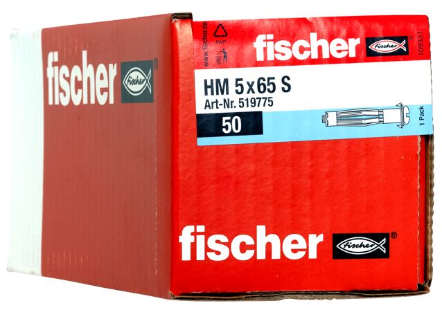 Packaging: "fischer Metallitulppa levyseiniin HM 5 x 65 S with metric screw"