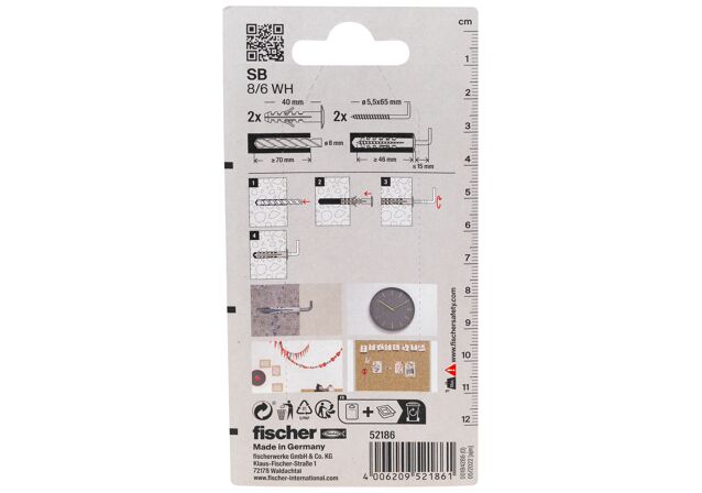 Packaging: "fischer Expansion plug SB 8/6 K with angle hook SB-card"