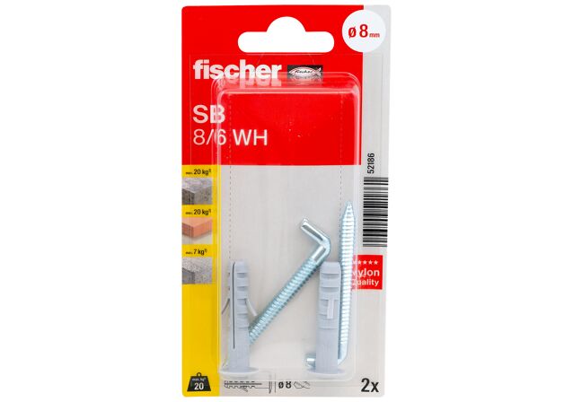 Packaging: "fischer Expansion plug SB 8/6 K with angle hook SB-card"