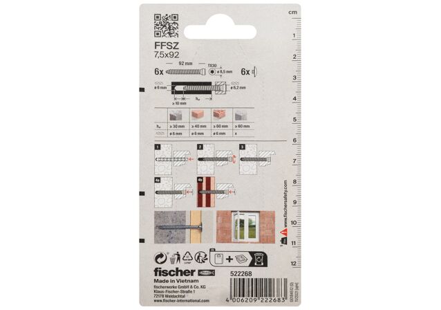 Packaging: "Șuruburi pentru cadru de fereastră fischer FFSZ 7.5 x 92 TX30 K card SB"