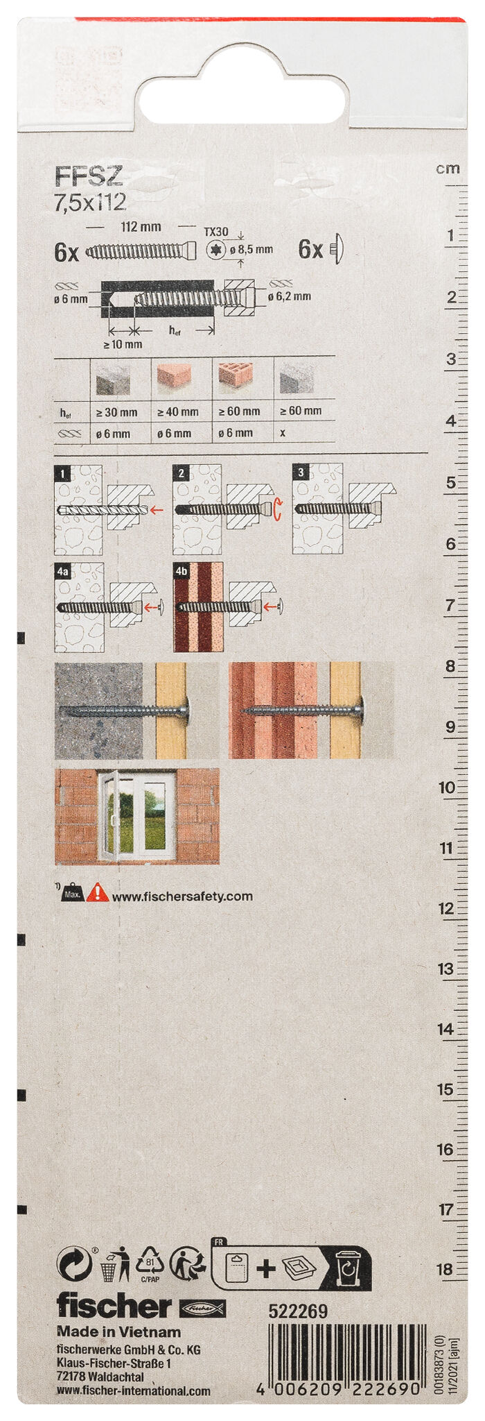 Packaging: "fischer Window frame screws FFSZ 7.5 x 112 TX30 K SB-card"